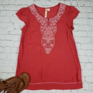 Boho Crochet Lace Crinkle Fabric Tunic Top M